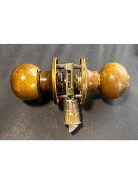 Antique Brass Door Knob Set With Lock Hardware Vintage Patina Finish 1993 Taiwan
